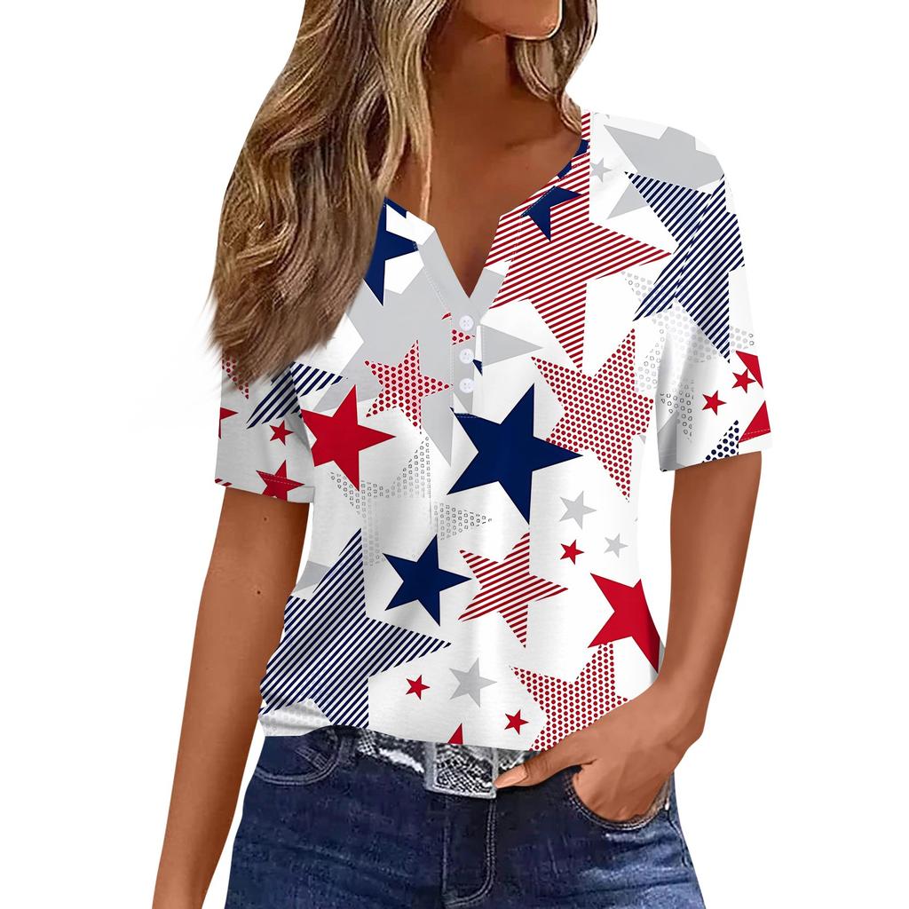 Жен. Футболка День независимости С принтом Пуговицы С короткими рукавами Повседневные Выходные Мода Классический Классический V-образный вырез Обычный Топ