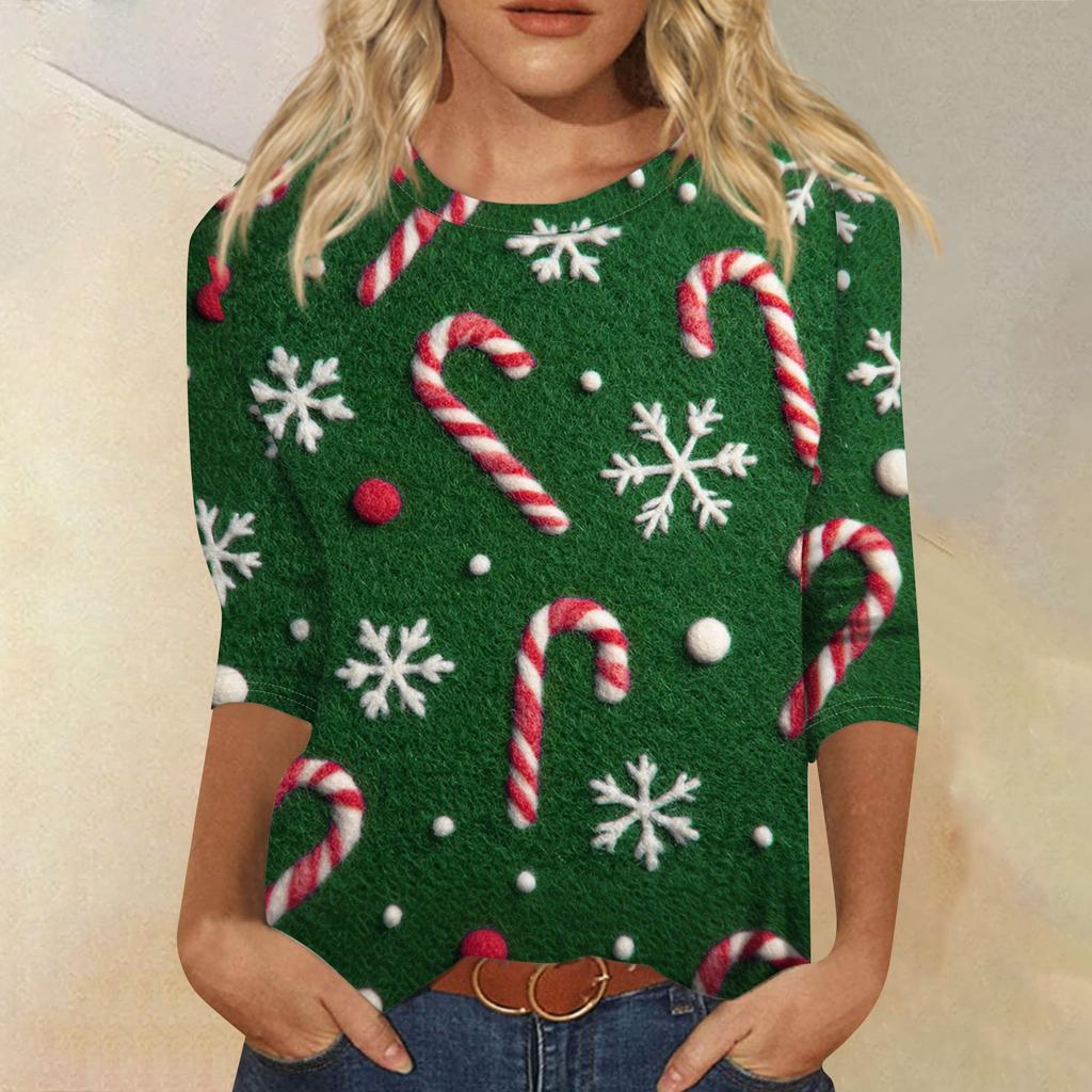 Women's Fashion Casual Round Neck 3/4 Sleeve Loose  Printed T-Shirt Ladies Top