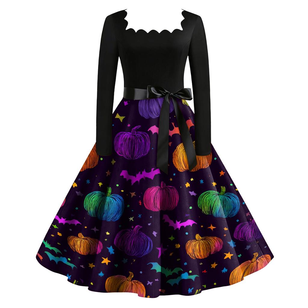 Women's Vintage Long Sleeve Square Neck Halloween Print Party Dress Midi Length Fit and Flare Style with Waist Tie Belt
