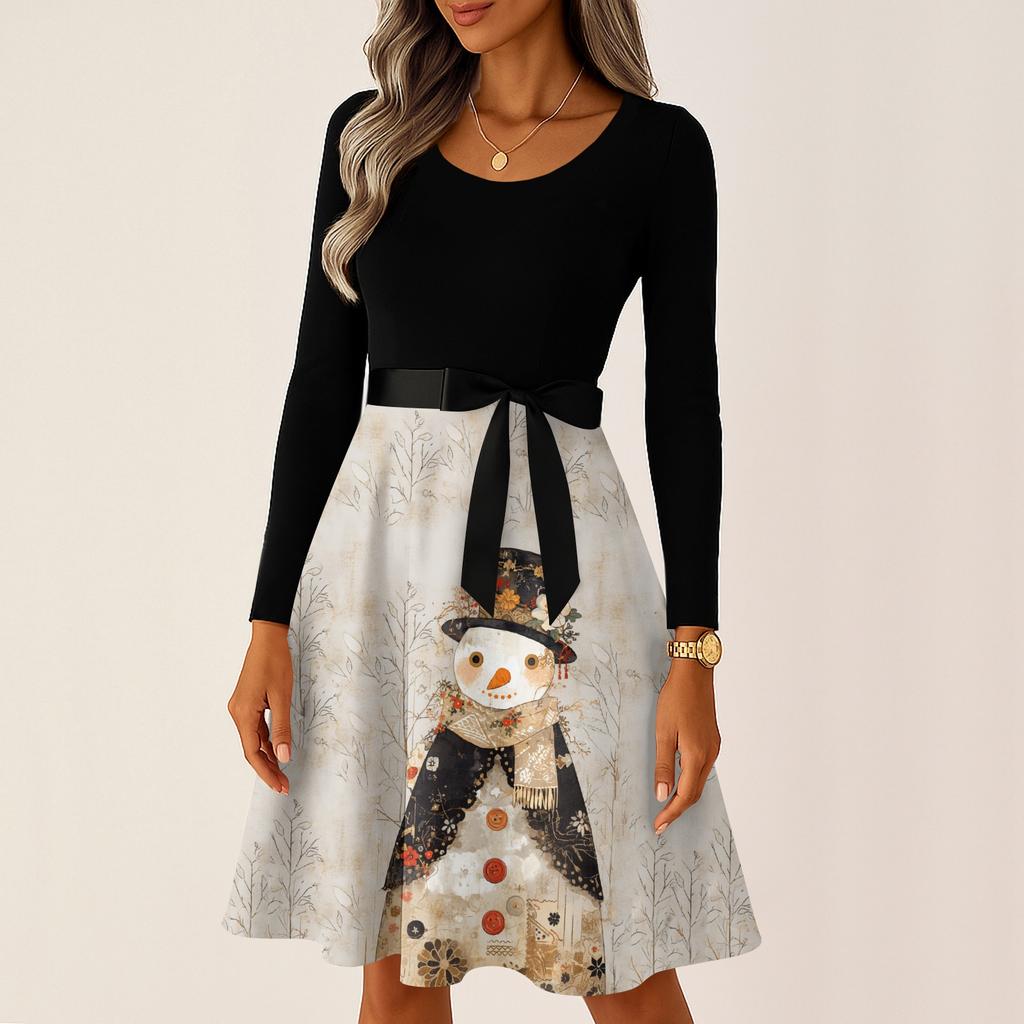 Женские повседневные модные платья с круглым вырезом, длинным рукавом, рождественским принтом, для вечеринки, винтажные длинные платья