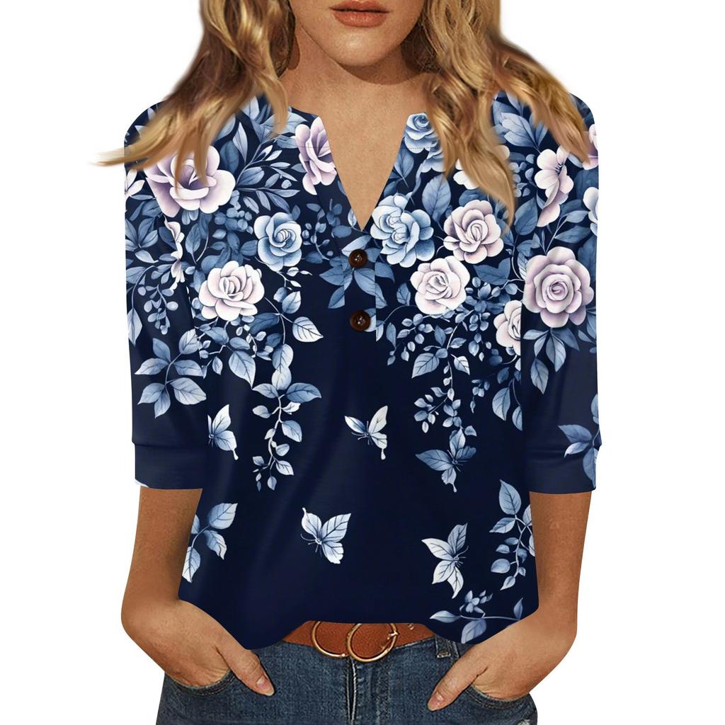 Жен. Футболка С принтом Пуговицы Рукав 3/4 Повседневные Выходные Мода Классический Классический V-образный вырез Обычный Верх