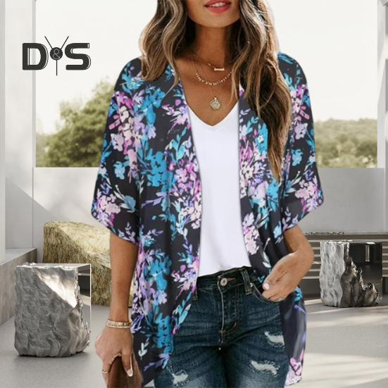 Женская шифоновая рубашка с V-образным вырезом и коротким рукавом с цифровым 3D-принтом, дышащий солнцезащитный кардиган, пальто с открытым передом, пальто средней длины
