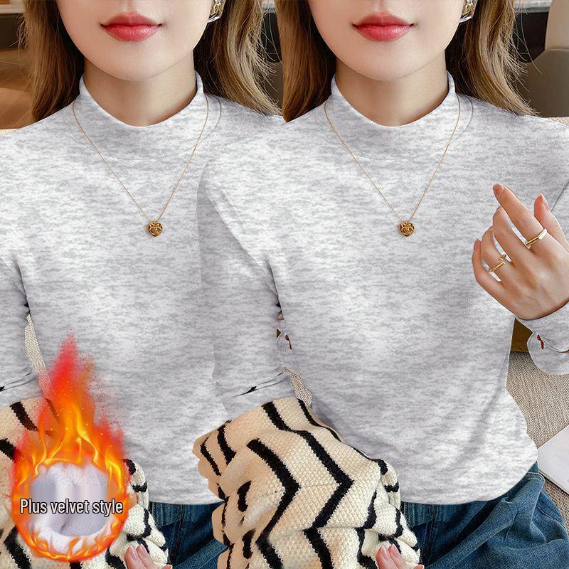 Осень 2025 Большой размер Приталенный Топ-база с длинным рукавом Свободный для женщин с воротником-стойкой