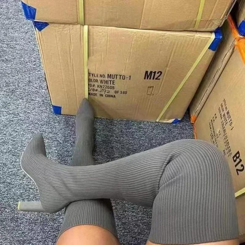 Осенне-зимние вязаные сапоги выше колена на толстом каблуке с острым носком для женщин из эластичной шерсти, высокие сапоги до бедра Botas Femenina