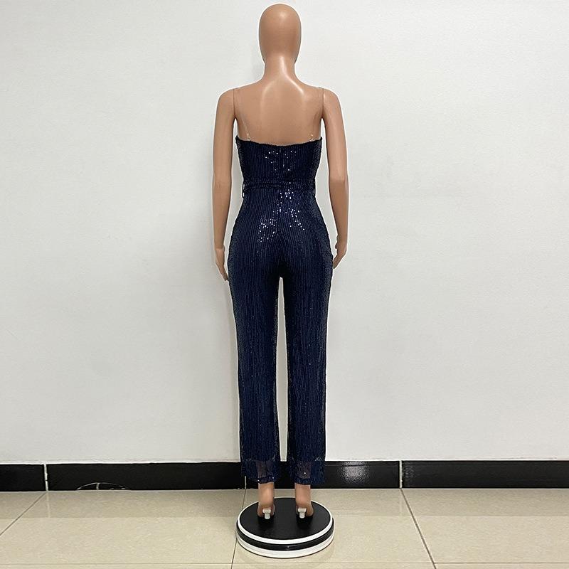 Женский комбинезон без рукавов с поясом из пайеток, однотонный, с открытой грудью и спиной