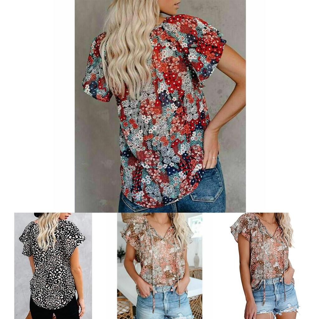 Elegant Womens Summer V Neck Short Sleeve T Shirt Featuring Vibrant Floral Print Design
