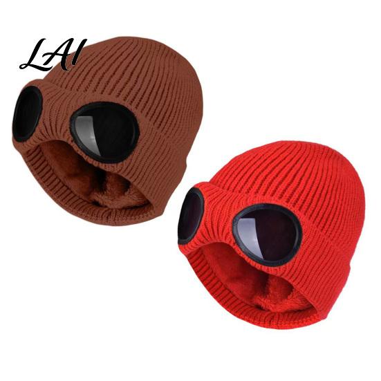 Fashionable Costume Hat for Parties 2Pcs Fleece Lined Hats with Goggles Warm Winter Knit Acrylic Hats Windproof Skiing Caps Men Women Cycling Hiking