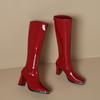 Knee High Boots Autumn New Square Toe Metal Head Guard Patent Leather Back Zip Non-Slip Block Heel Thigh Boots