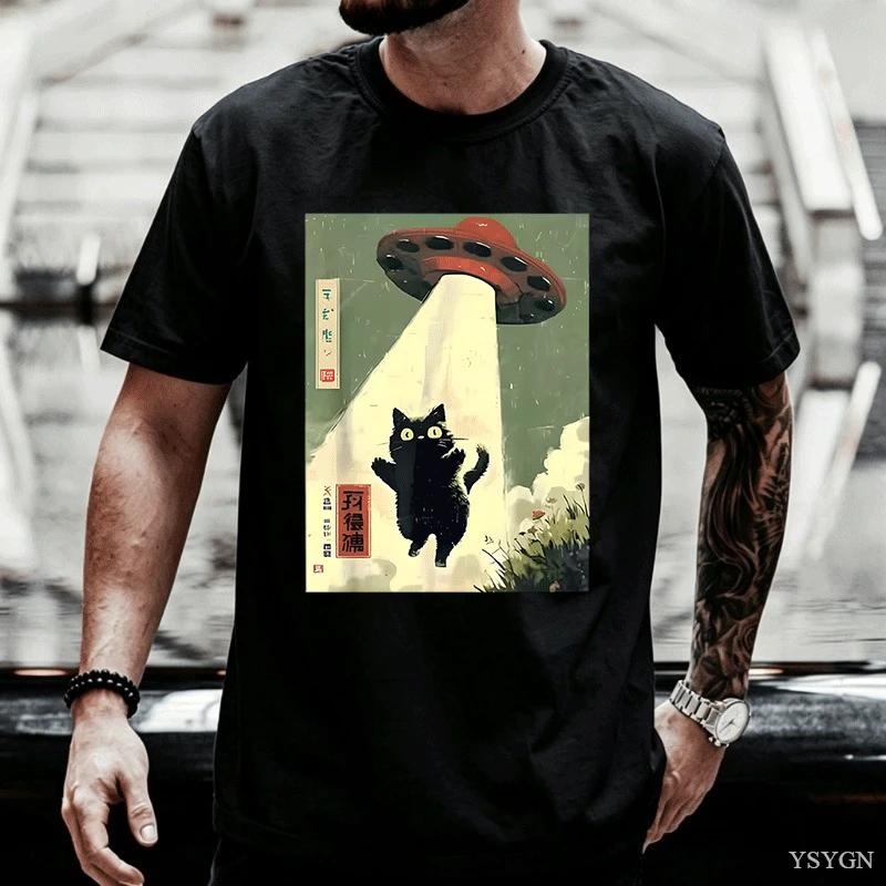 Black Cat Ufo Graphic Tshirts Japanese Cat Alien Graphic Tee Unisex Unisex Cotton Short Sleeve Printed Tshirts Streetwear Tops