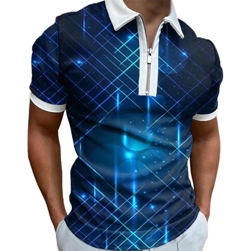 Casual Lapel T-shirt Young Men's Fashion Zipper T-shirt Short Sleeve T-shirt Men's 3D Jumping Notes Print T Shirt