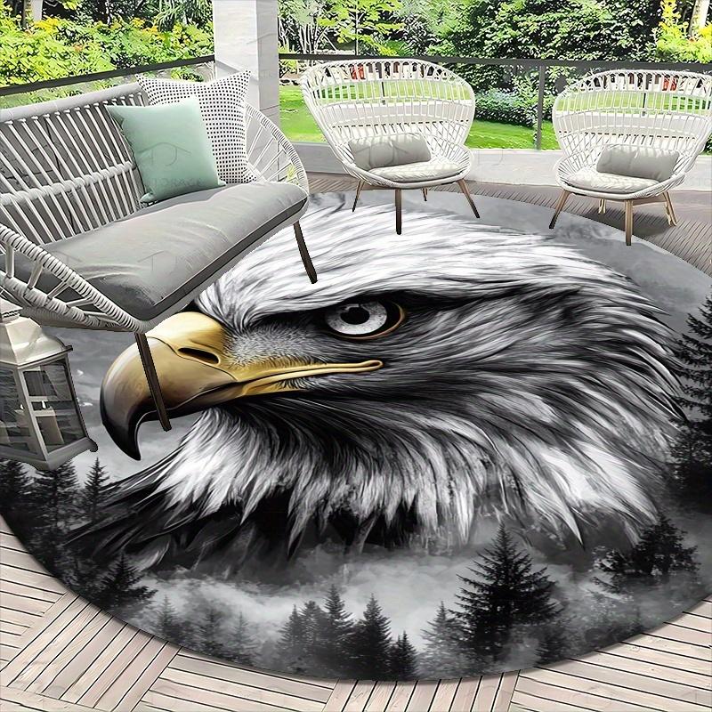 1pc Majestic Eagle Head Floor Mat - Non-Slip Machine Washable Round Mat with Black  White Eagle Design, Grey/Black Forest Backg