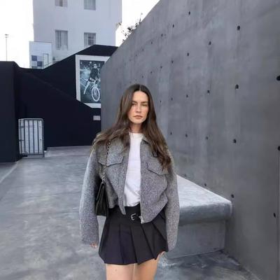 Женская модная укороченная куртка с накладными карманами и клапанами, винтажное пальто с длинным рукавом и молнией спереди, женская верхняя одежда, шикарная