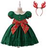 Girls Big Bow Christmas Carnival Party Dress Kids Vintage Green Santa Claus Gift For Girl Young Red Lattice Princess New Gown