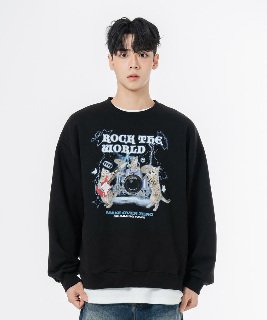 MOZMOZ Soft French Terry Rock Cat Oversized Sweatshirt Black