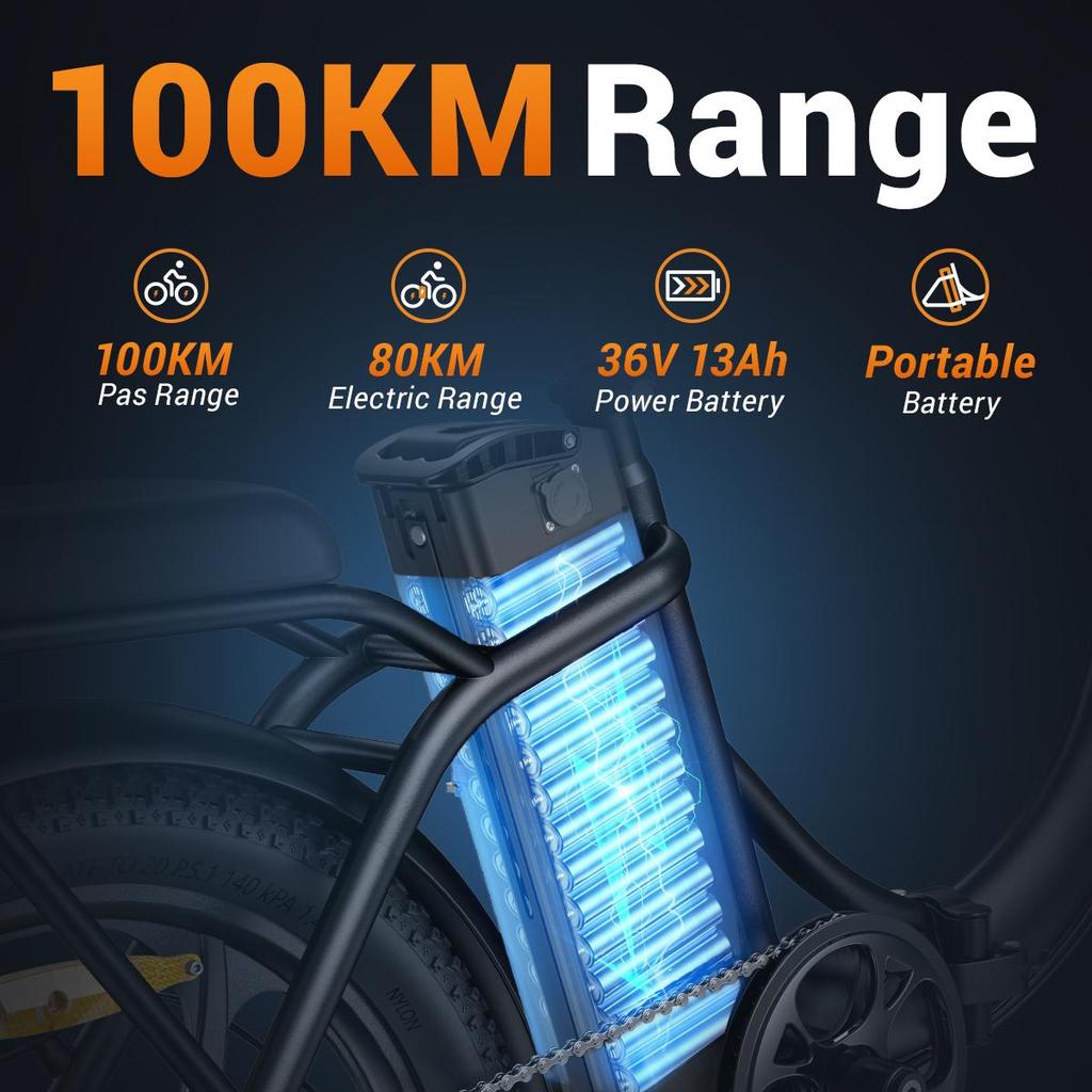 HillMiles MilePort 1 Step-Through E-Bike  Steady 250W Rated Motor for Urban Riding, 36V 13Ah, 60-80KM Pure / 80-100KM PAS Range, 20" Fat Tire