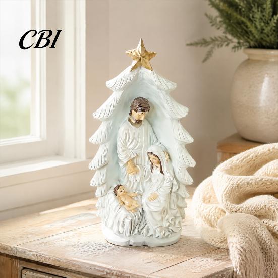 Christmas Religious Theme Home Decor Holy Family Nativity Statue, Tree Resin Ornament, Hand-Painted Christian Holiday Decoration for Fireplace