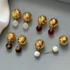 Texture Pleated Agate Earrings Women's Niche Light Luxury Copper Plated K Real Gold Temperament Simple and Cold Wind Stud Earrings
