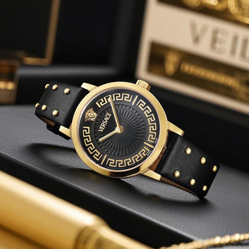 Versace Кварцевые часы 35 мм Бежевый циферблат Кожаный ремешок Подарочный набор с духами и красным конвертом Женские часы розовые VE0A00125