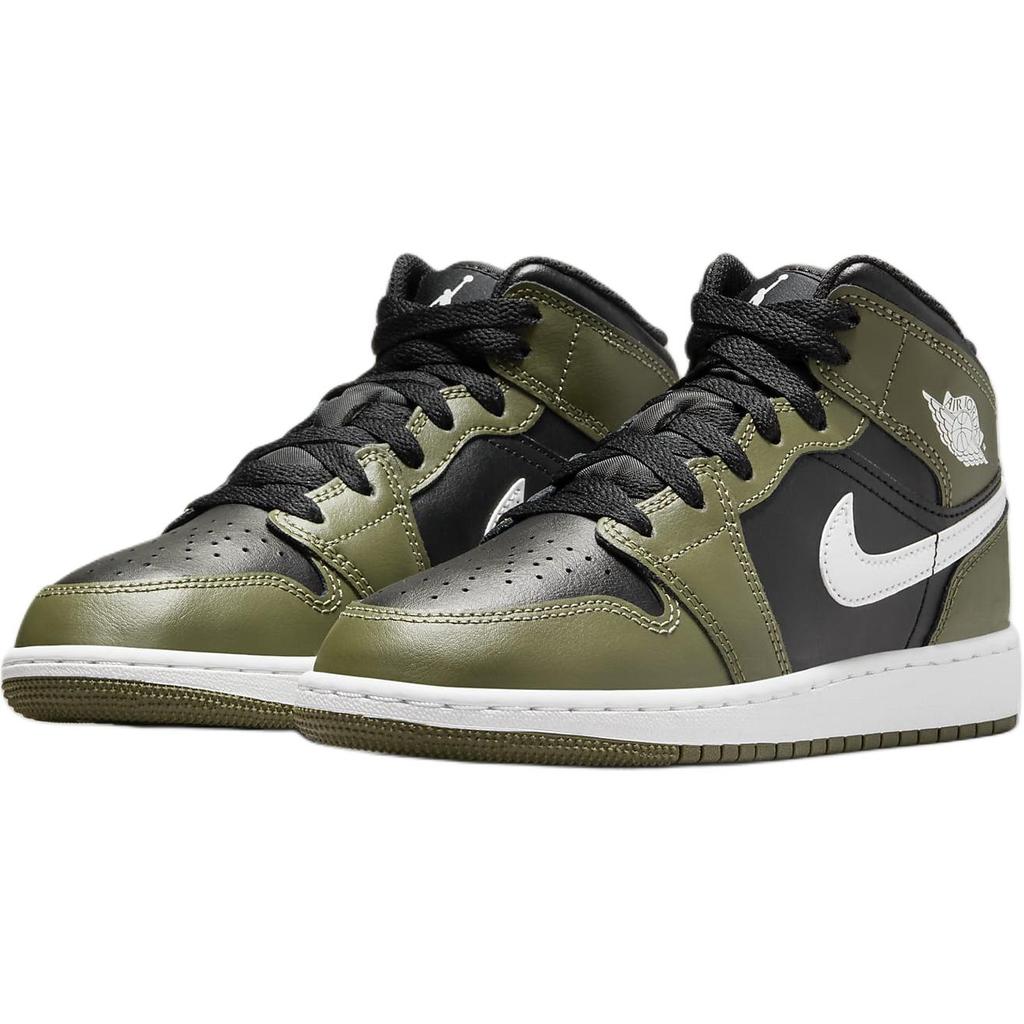 Jordan Air Jordan 1 Износостойкая поддержка Средняя высота Детские Баскетбольные Кроссовки Черный Зеленый DQ8423-092