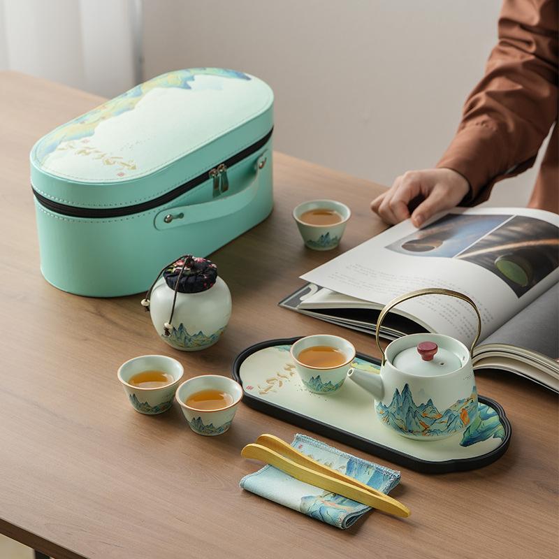 Company annual meeting gifts thousands of miles of Jiangshan Ru kiln travel tea set teapot souvenir portable Kung Fu Kuaike cup