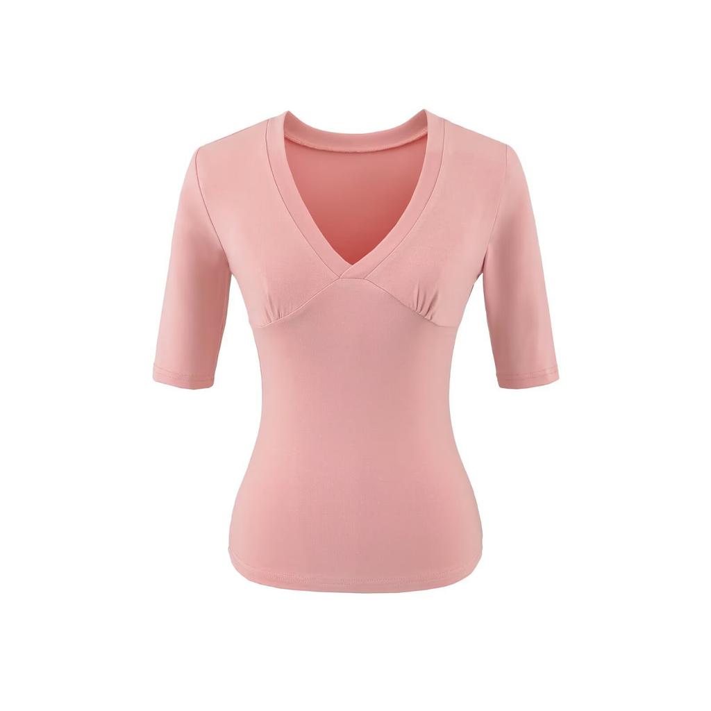 V-neck medium-sleeved T-shirt women's summer new American Spice Girl style solid color slim-fitting model with thin bottom top