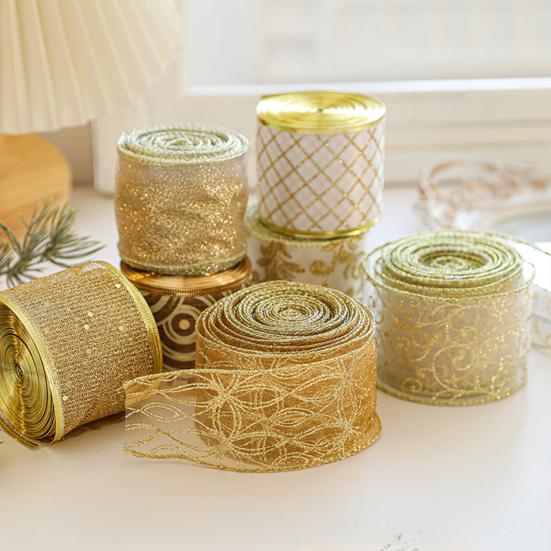 Translucent Polyester Ribbon for Bows 2.5" x 2.2 Yards Gold Sheer Christmas Tree Decoration and Gift Wrapping Wrapping, Mesh Fabric DIY Crafts Floral