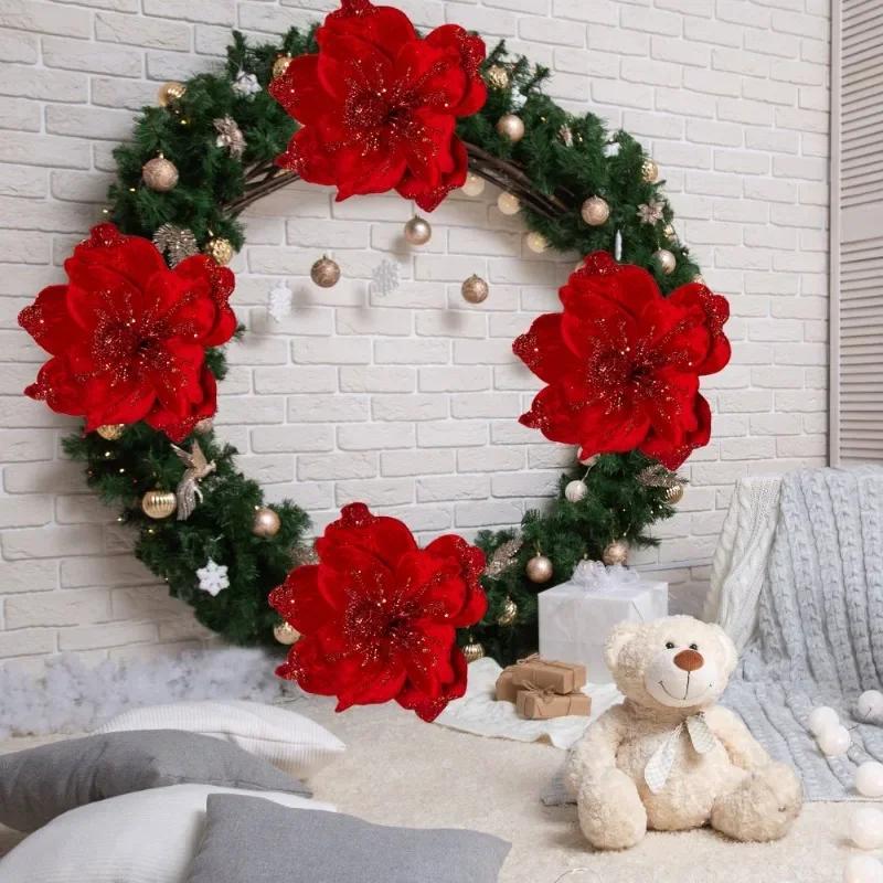 1/10pc Glitter Artificial Flowers Christmas Red Poinsettia Xmas Tree Ornament Simulated Magnolia Wedding Party Decor Fake Flower