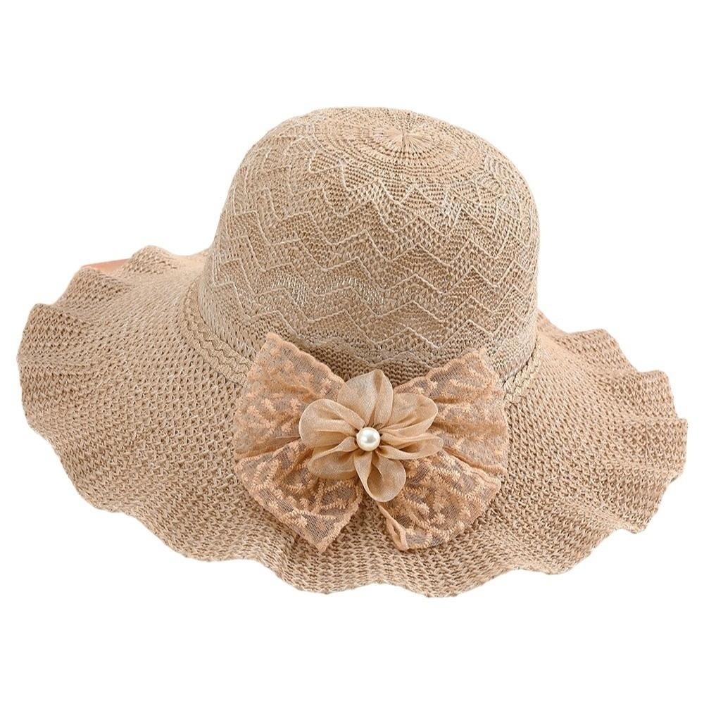 Lace Bow Wide Brim Knitted Hat Solid Color Beach Sun Hat Fashion UV Protection Cap Travel