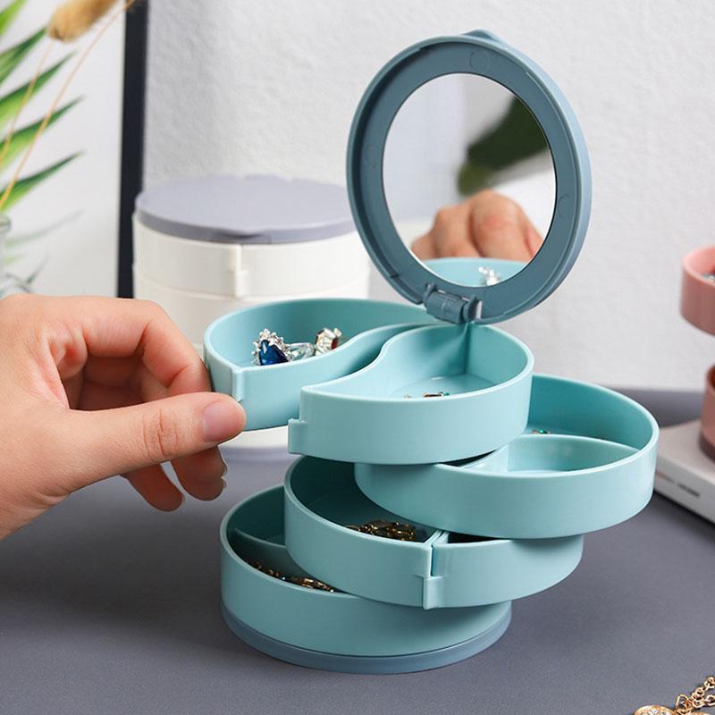 Многофункциональная вращающаяся шкатулка для хранения ювелирных изделий, 4-слойное хранение со шкатулкой для хранения с зеркалом, пылезащитная коробка для серег, ожерелий, ювелирных изделий