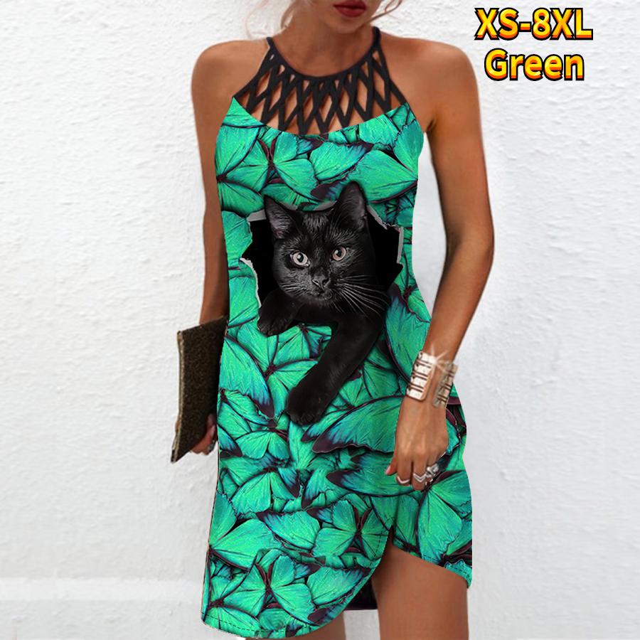 Летнее модное сексуальное платье без рукавов, мягкое повседневное платье с 3D принтом черного кота, платье на бретельках без рукавов, летнее платье на подтяжках