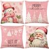 Pink Santa Pillow Cover Linen Printed Letter Sofa Cushion Cover Home Living Room Bedroom Pillow Cover