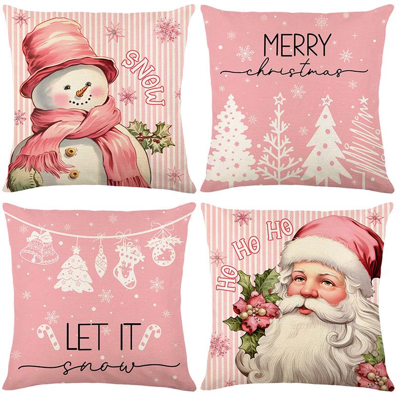 Pink Santa Pillow Cover Linen Printed Letter Sofa Cushion Cover Home Living Room Bedroom Pillow Cover