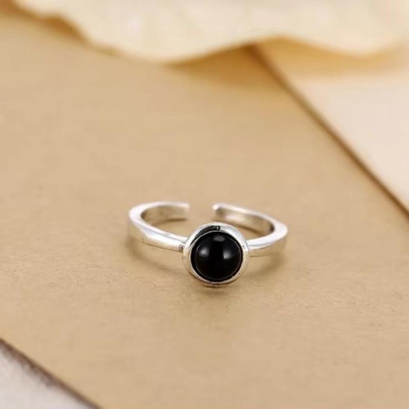 925 Sterling Silver Black Open Rings for Women Personality Simple Style Lady Prevent Allergy Sterling-silver-jewelry