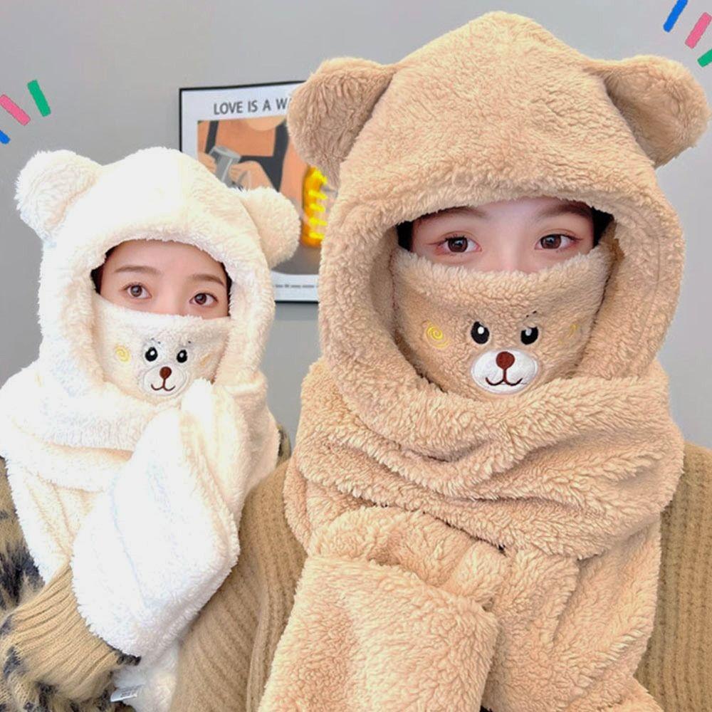 Warm Bear Ear Beanies Cap Solid Color Ski Hat Sweet Scarf Gloves Set Women