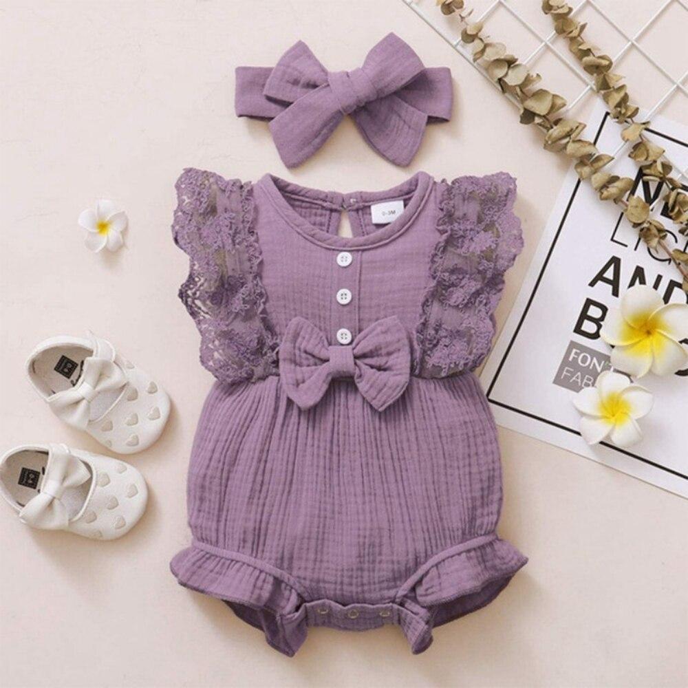 2pcs/set Newborn Baby Girls Cute Bow Romper Summer Outfits Lace Ruffled Sleeve Jumpsuit Bodysuit+Headband Infant Clothes 0-18M