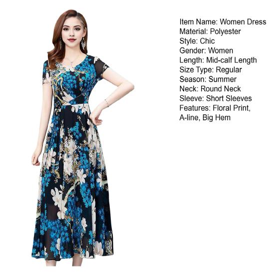 Летнее женское платье трапециевидной формы с цветочным принтом, большой подол, высокая талия, короткие рукава, круглый вырез, плиссированное платье до середины икры, официальное вечернее платье миди для поездок на работу