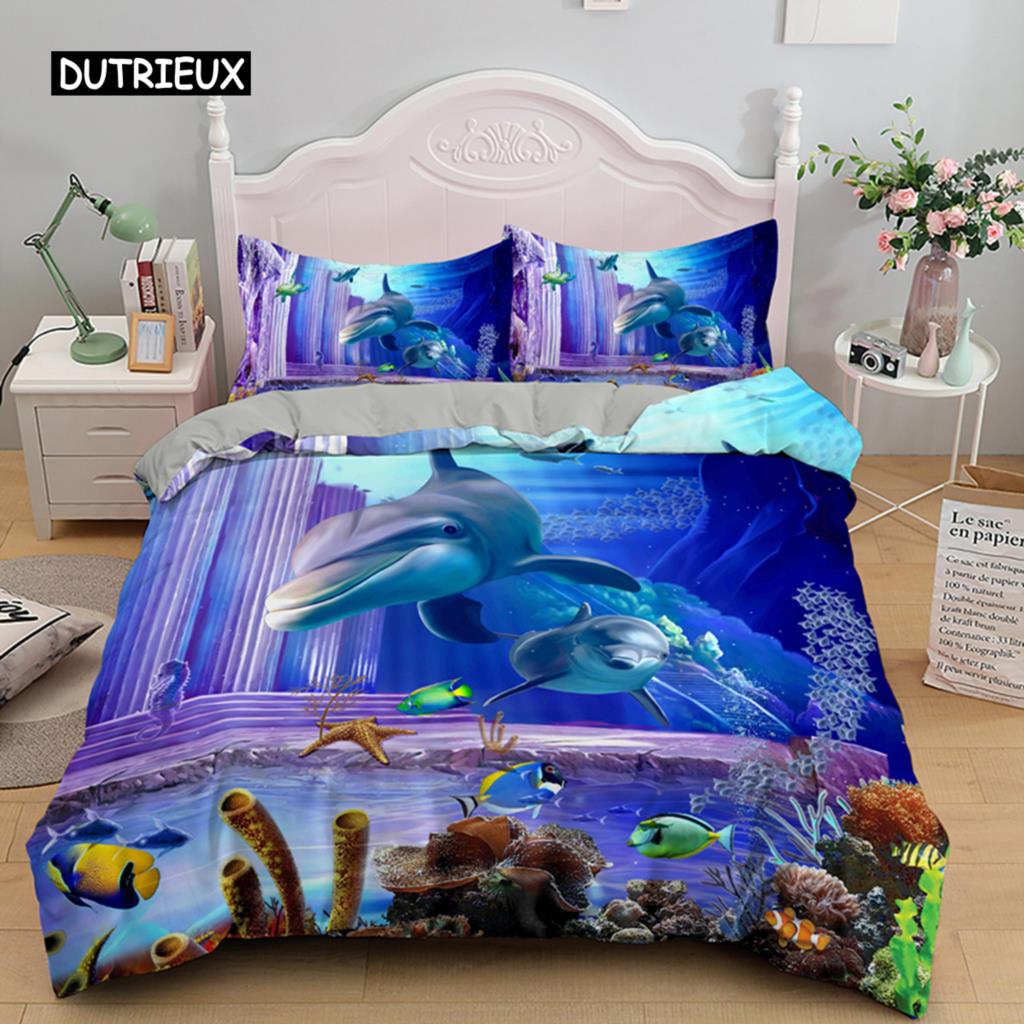 3D дельфин в синем море Queen King Size комплекты постельного белья Animal Single Quilt Duvet Cover Set Детская кровать для взрослых Полиэстеровое постельное белье