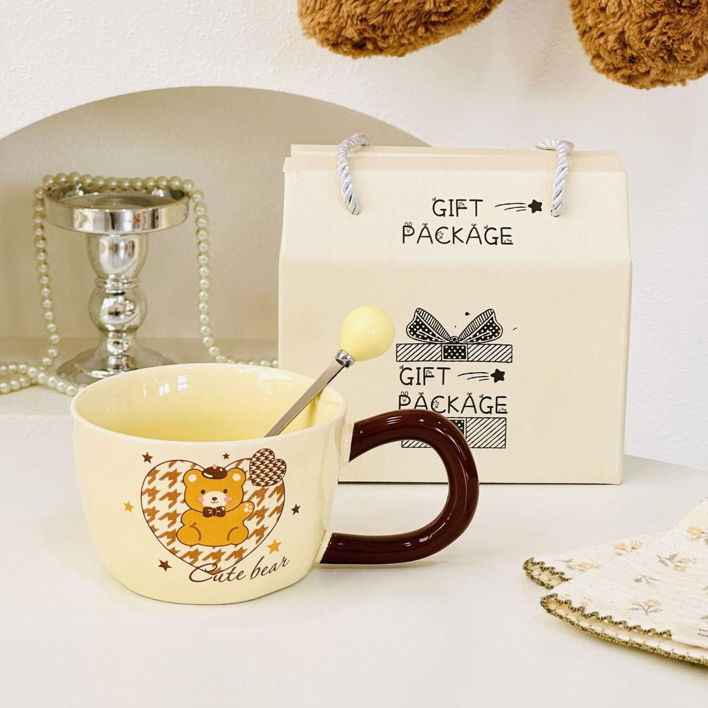 Милая кружка с медведем, кружка с животным, с крышкой и ложкой, в стиле инс, набор керамических кружек для девочек, чашка для завтрака, для офиса