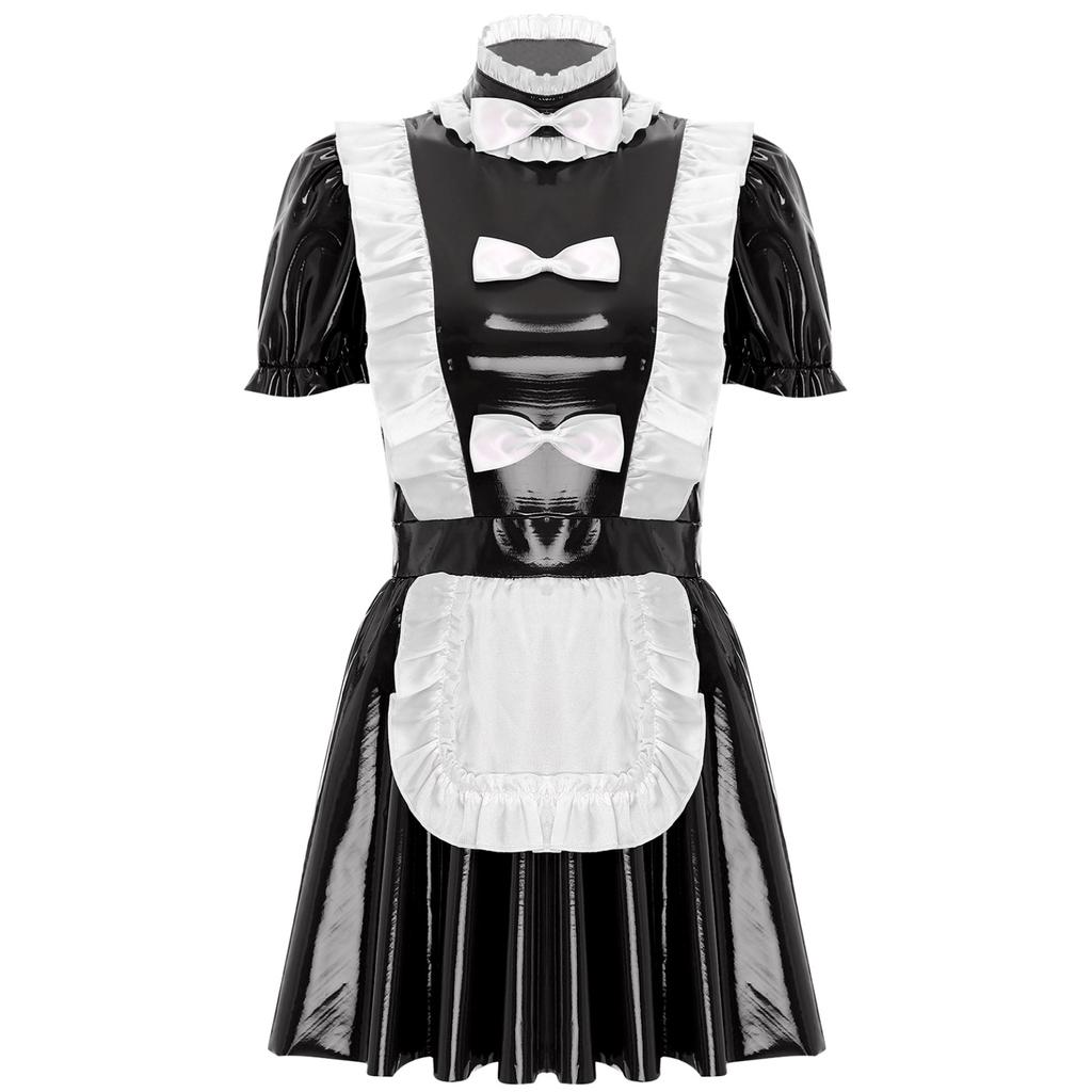 Женская униформа Naughty Maid, Клубная одежда, глянцевое лакированное кожаное платье для косплея горничной, фартук с оборками и бантом, платье трапециевидной формы с пышными рукавами