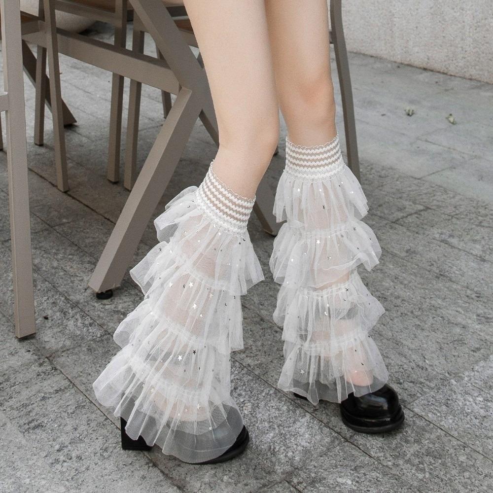 Ruffle Layered Sequins Mesh Leg Warmers Flared Design Star Sequins Knee High Stockings Lace Patchwork Boot Cover Cuffs