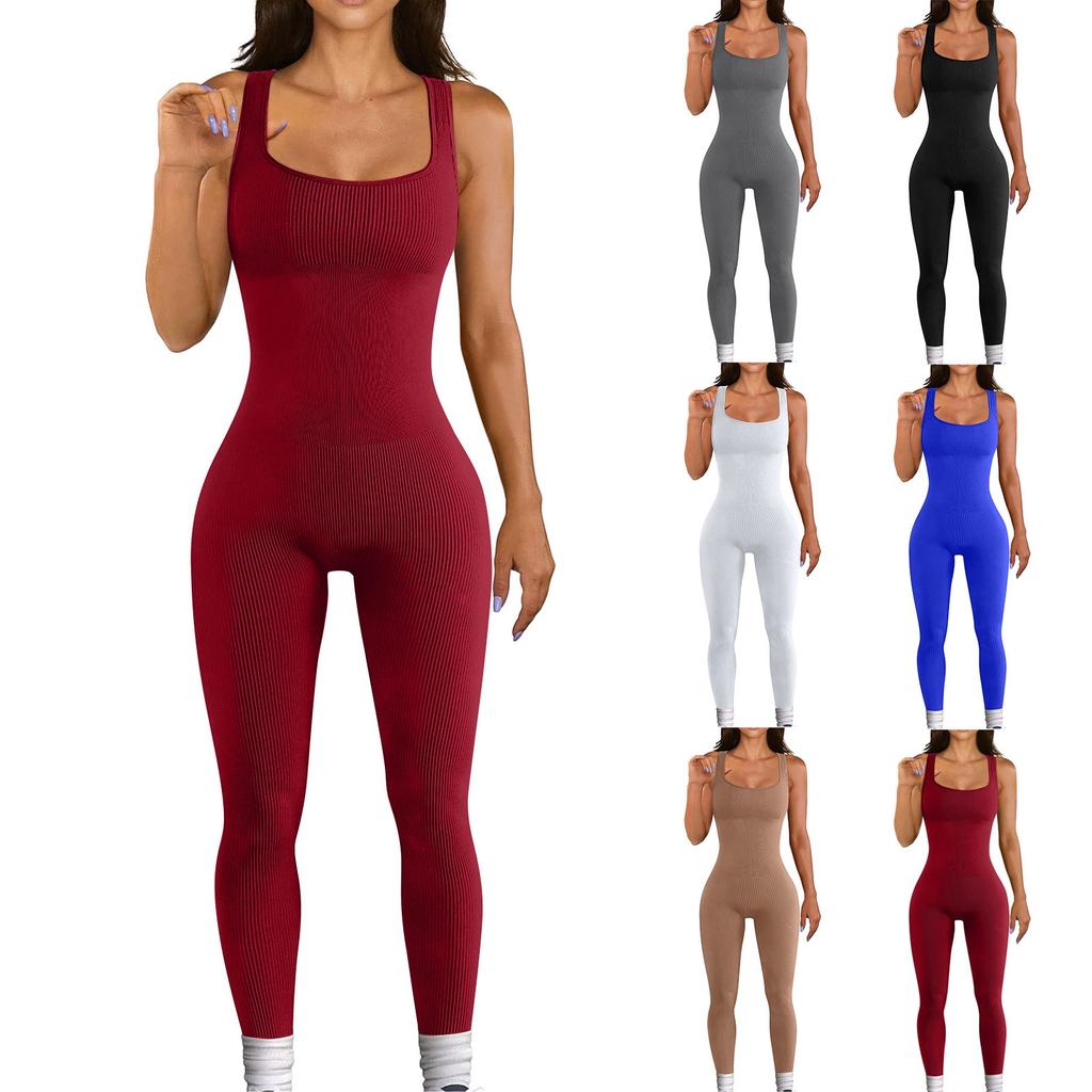 Женский повседневный однотонный комбинезон с квадратным вырезом и без рукавов, тонкий комбинезон для йоги