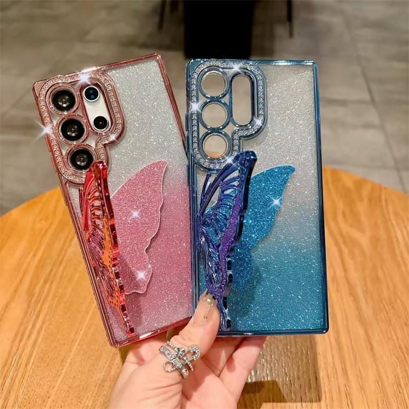 Модный держатель-бабочка с блестками для Samsung Galaxy S25 Ultra S24 FE S23 S22 Plus Diamond Cover