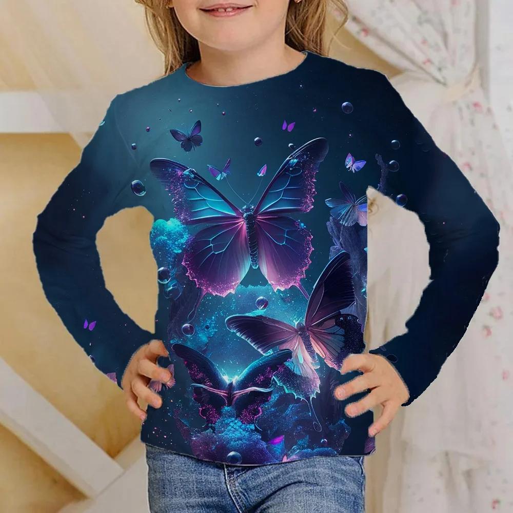 Children's Colorful Butterfly 3D Digital Printed Girl's Casual and Comfortable Round Neck Long Sleeve T-shirt