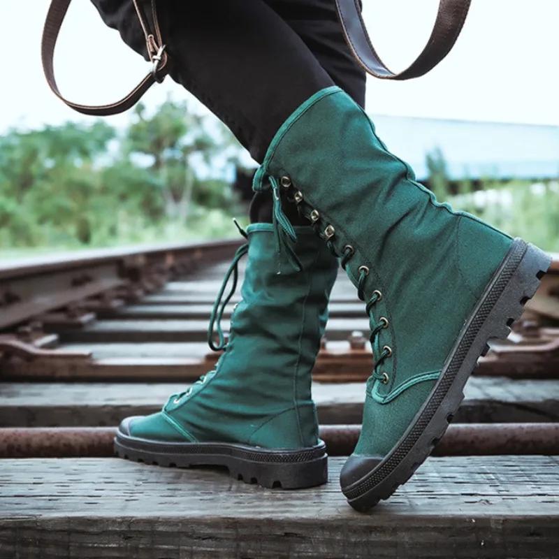 Мужские парусиновые сапоги до середины голени, модные высокие рабочие ботинки, нескользящие походные ботинки для мужчин, рабочие ботинки на шнуровке Botas Hombre