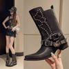 Women's Boots 2024 Winter Leather Boots Riveted Belt Buckle Pointed Party Cosplay Fashion Shoes Size 42 Waterproof Outdoor Boots
