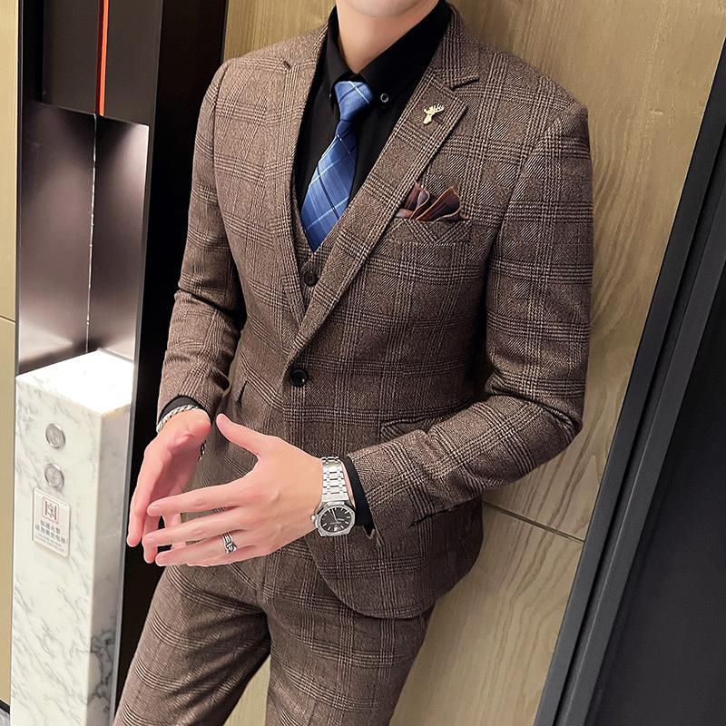 Британские корейские мужчины в клетку (костюм + Жилет + Брюки) Стильный и красивый деловой повседневный костюм-тройка