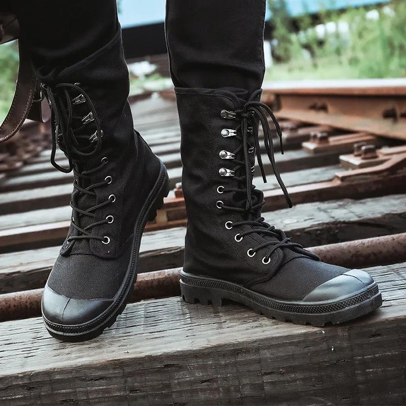 Мужские парусиновые сапоги до середины голени, модные высокие рабочие ботинки, нескользящие походные ботинки для мужчин, рабочие ботинки на шнуровке Botas Hombre