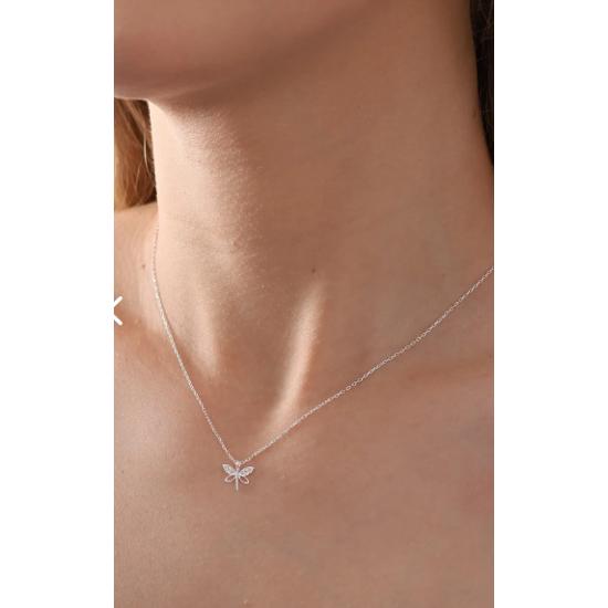 925 Sterling Silver Chain White Zircon Stone Minimal Dragonfly Necklace