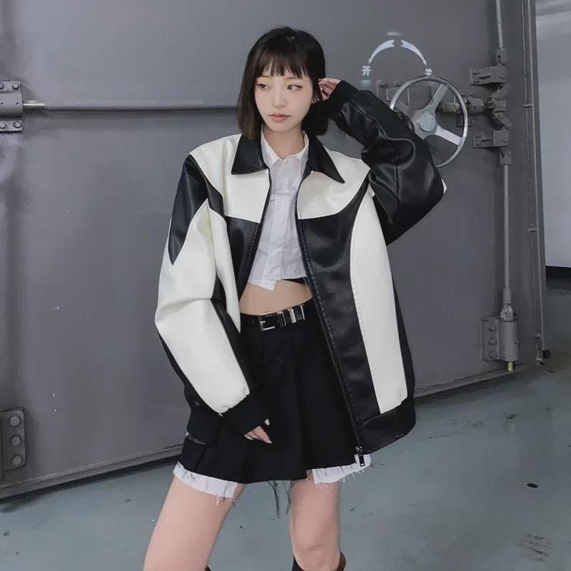 Мужская кожаная куртка в гонконгском стиле: Корейская мода осень/зима, молодежный свободный крой, контрастные цвета, повседневная верхняя одежда для мотоциклистов