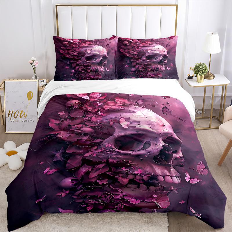 3pcs Dreamlike Fusion of Skulls Butterflies and Petals Printed Duvet Cover Set (1 * Cover+2 * Pillowcase, Without Core), Suitable for Home Bedroo